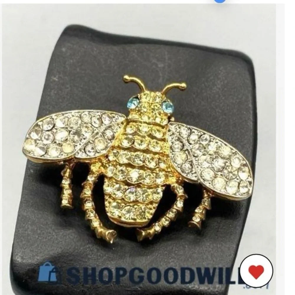 Kenneth Jay Lane KJL Signed Gold Tone Rhinestone Queen‎ Bee Blue Eyes Brooch Pin